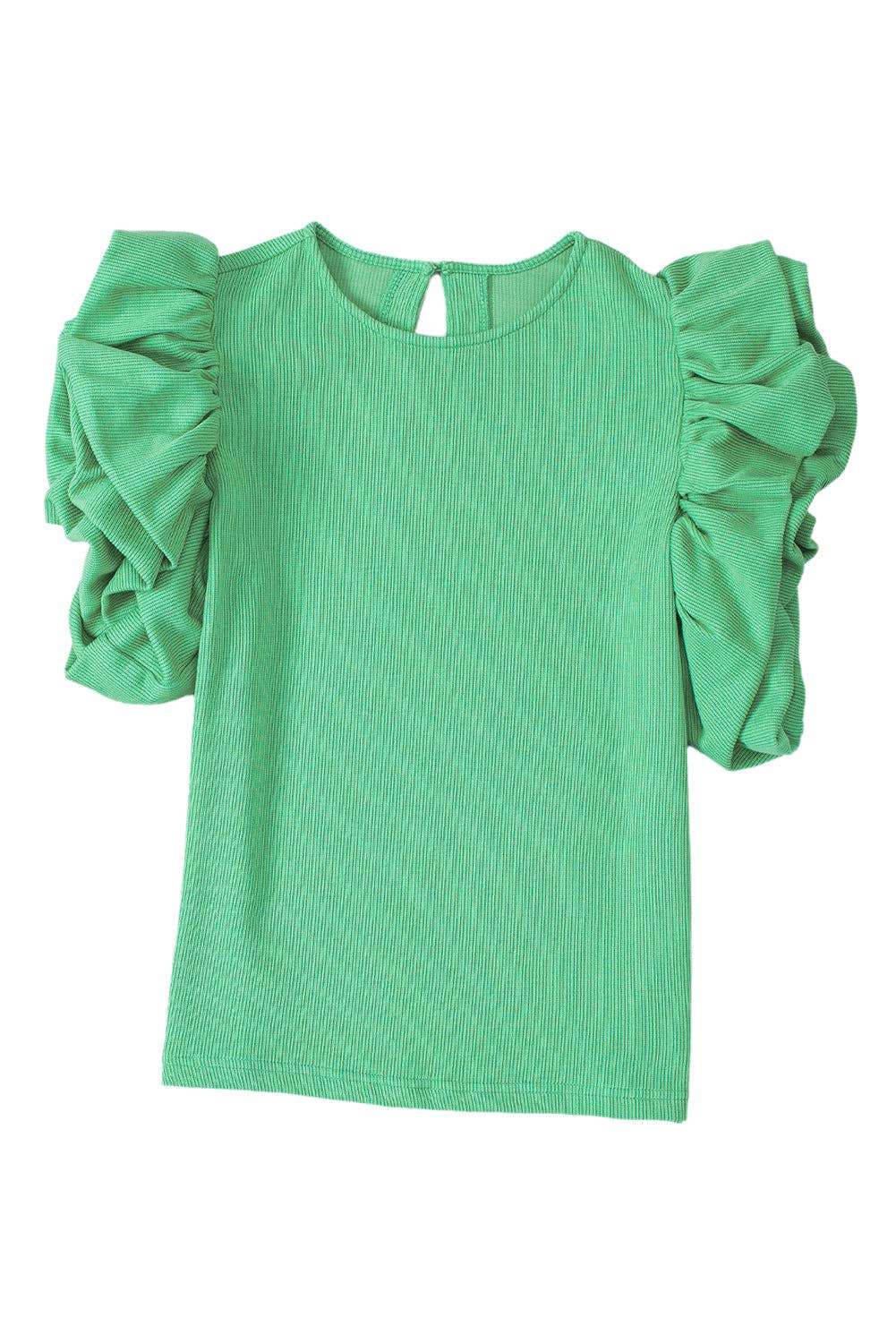 Ribbed Ruffle Puff Sleeve Spring Blouse: Green