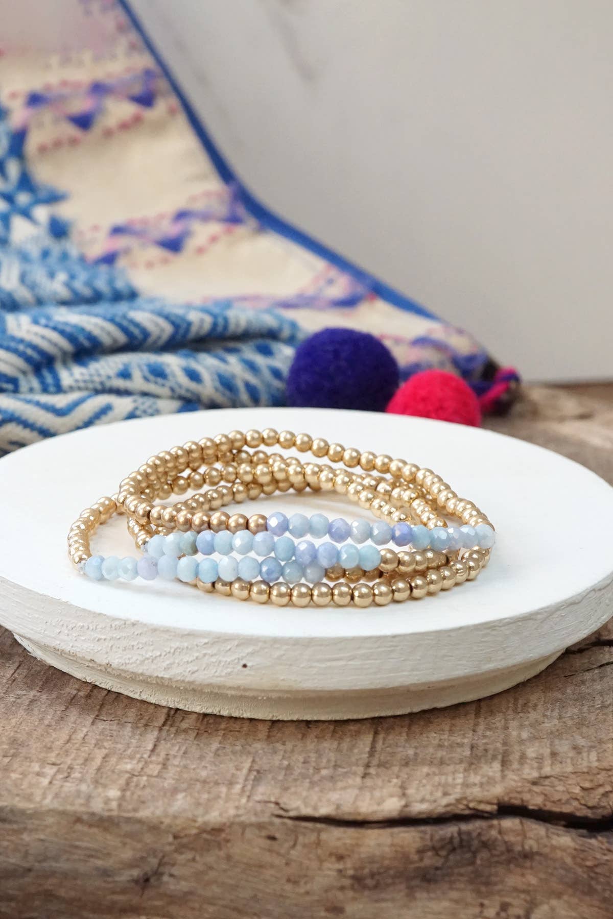 Bracelet stack Small Worn Gold Glass beads Pink Mint Denim