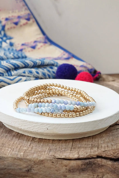 Bracelet stack Small Worn Gold Glass beads Pink Mint Denim