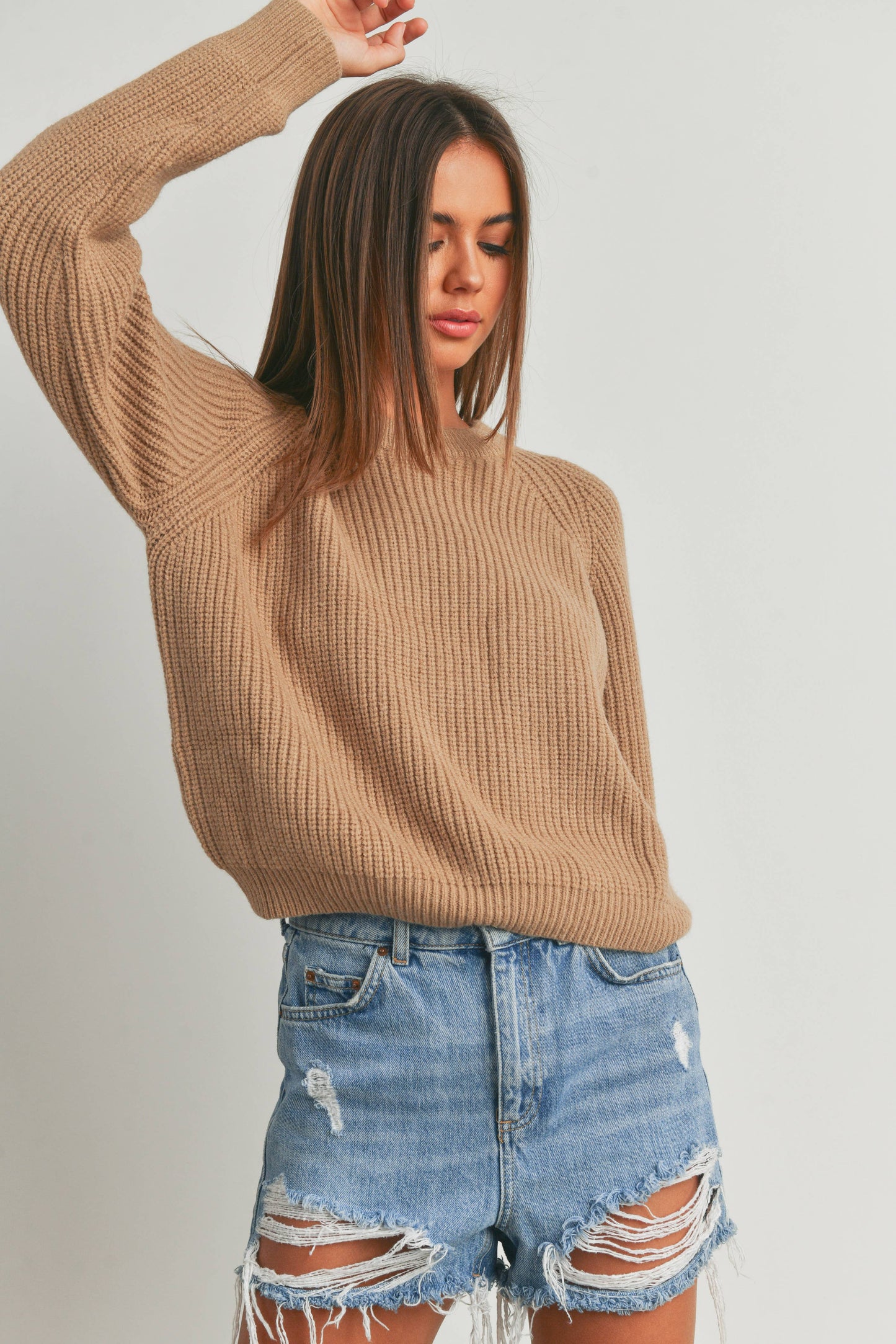 ROUND NECK WITH RAGLAN LONG-SLEEVE SWEATER - TAUPE