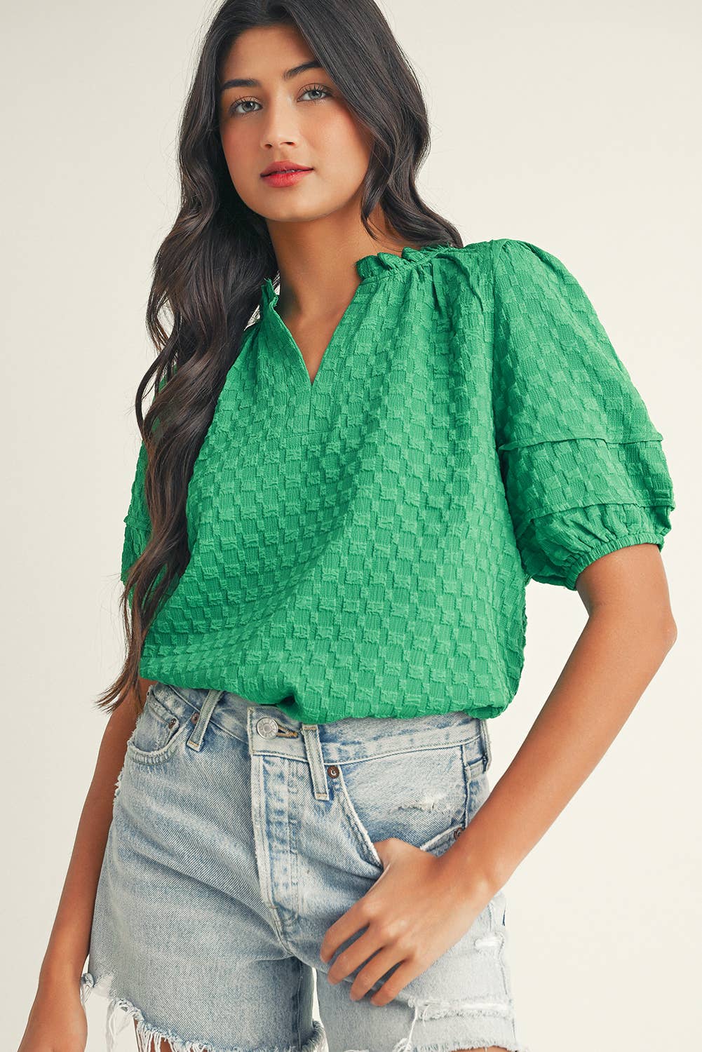 Little Daisy Closet - LDC Textured Puff Short Sleeve Notched V Neck Top: Bright Green