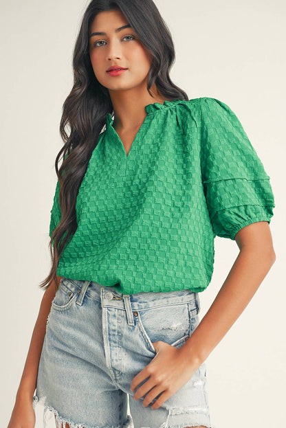 Little Daisy Closet - LDC Textured Puff Short Sleeve Notched V Neck Top: Bright Green