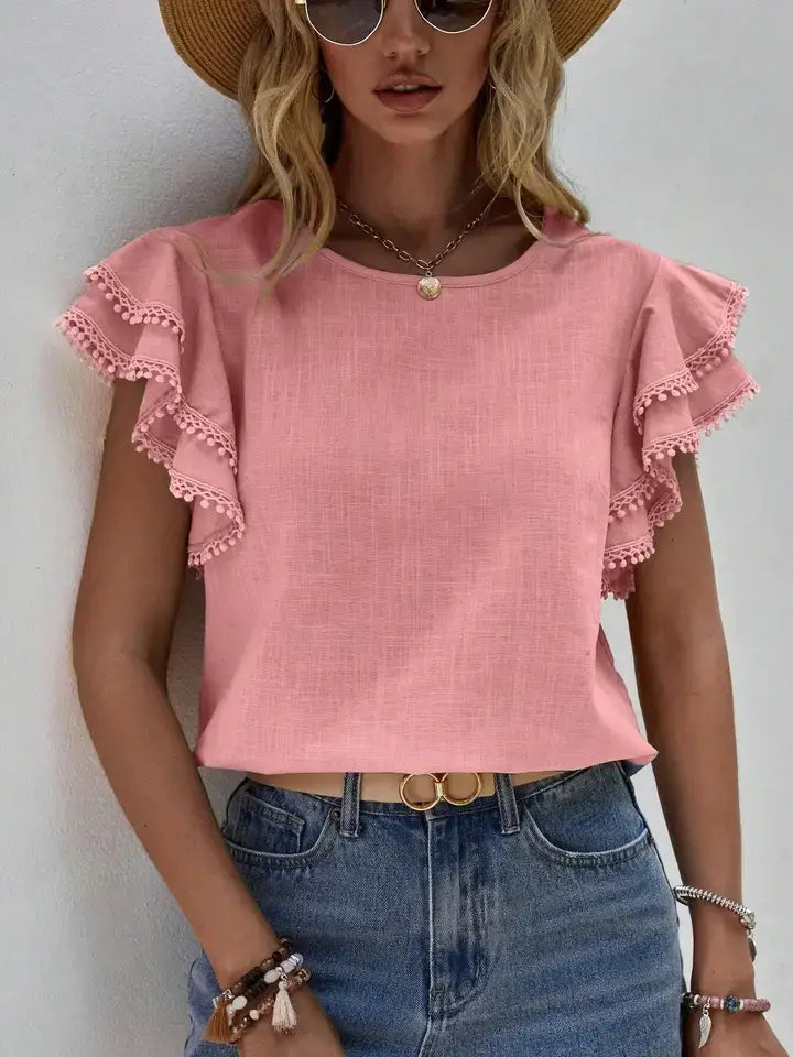 Round Neck Ruffle Sleeve Pom Pom Trim Casual Blouse Top