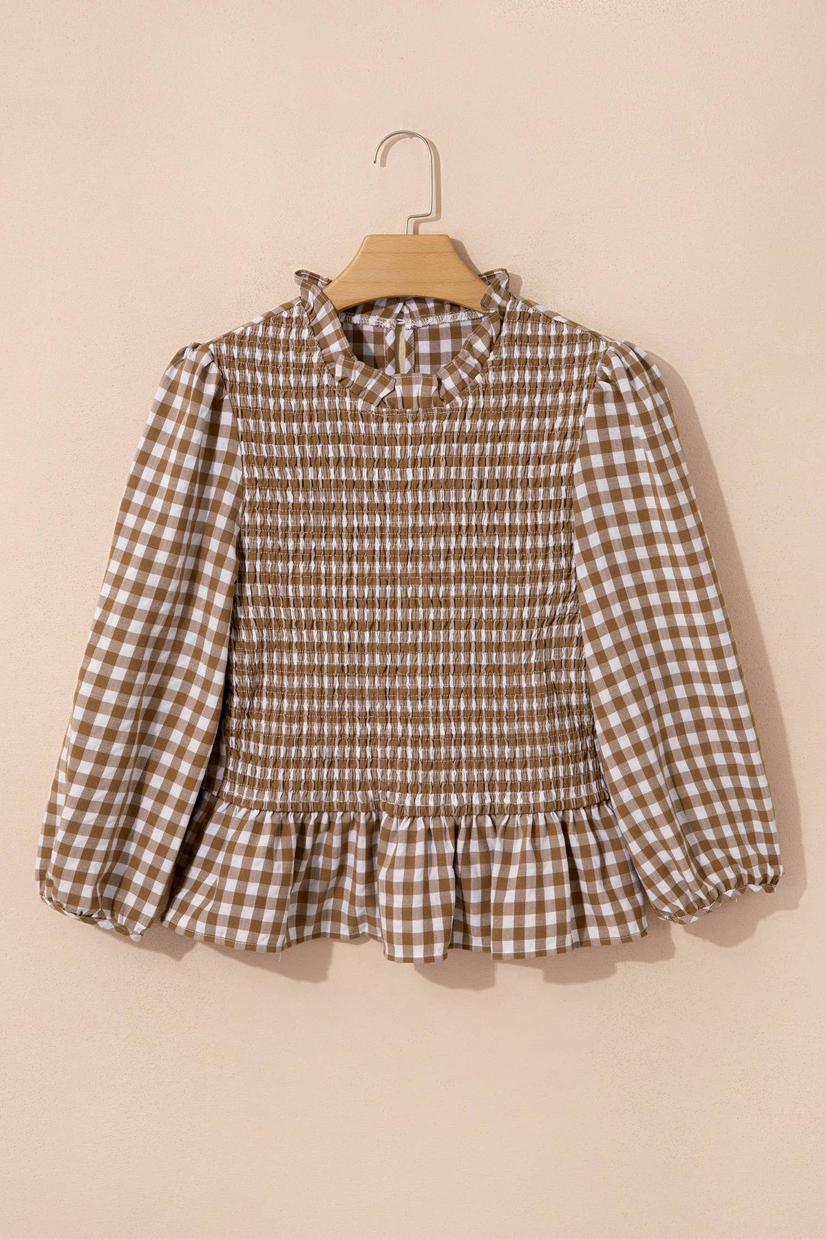 LAS Plaid Smocked Bubble Sleeve Casual Blouse (S-XL)