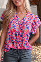 Abstract Print Ruffled Sleeve V Neck Blouse