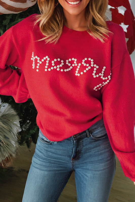 Merry Pearl Beaded Red Sweater