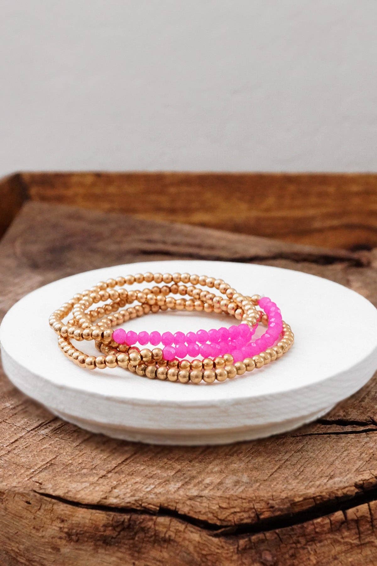 Bracelet stack Small Worn Gold Glass beads Pink Mint Denim