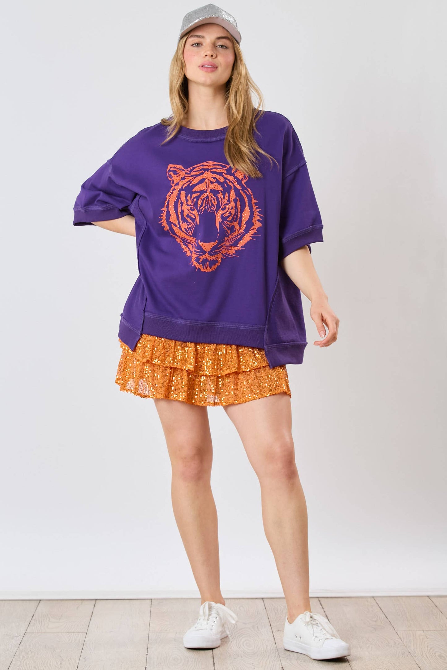 Tiger Head Sequin Purple and Orange Top