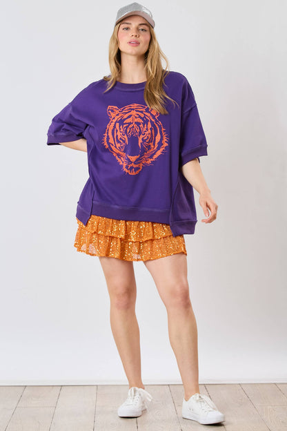 Tiger Head Sequin Purple and Orange Top