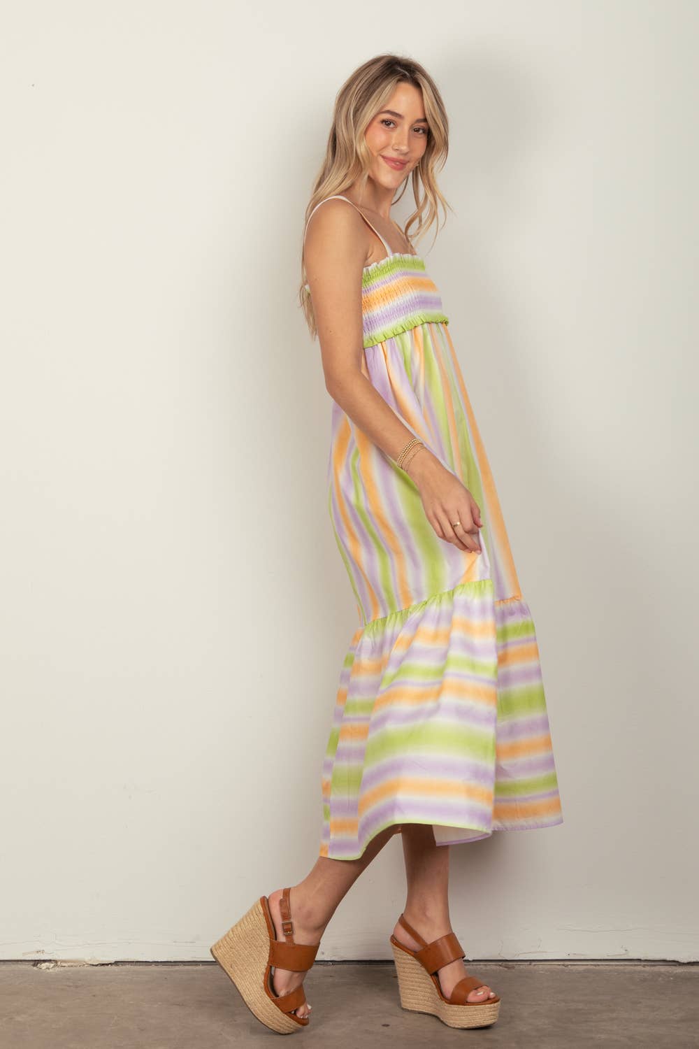 Multi Color Stripe Woven Midi Dress: MANGO COMBO / S-M-L