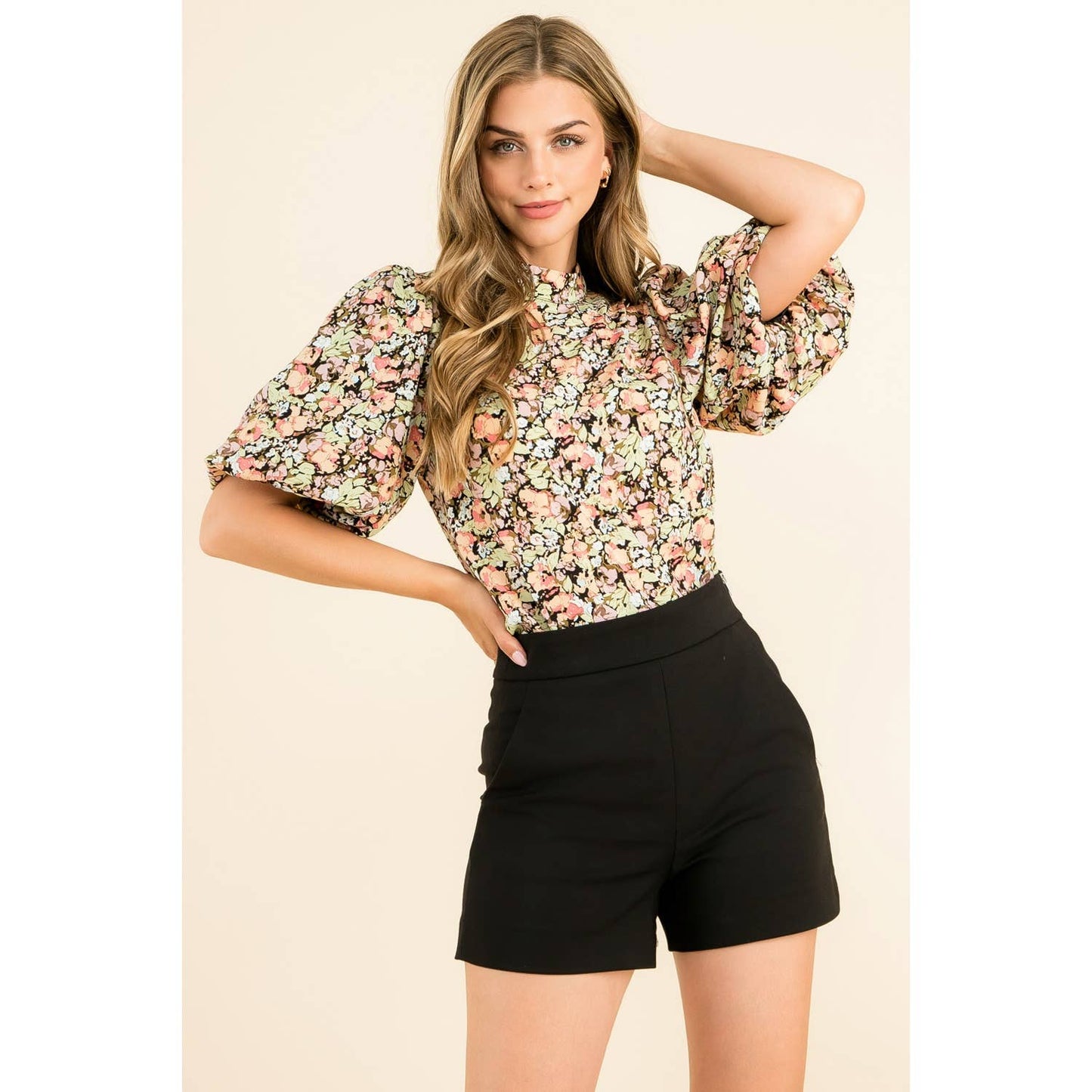 THML - Floral Print Puff Sleeve Top: BLACK