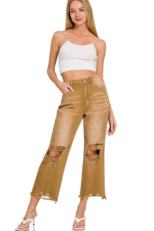 ,..Washed Distressed Jeans Crop Pants Color Jeans