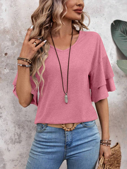 Women's V-Neck Flutter Sleeve Top – Casual Summer T-Shirt