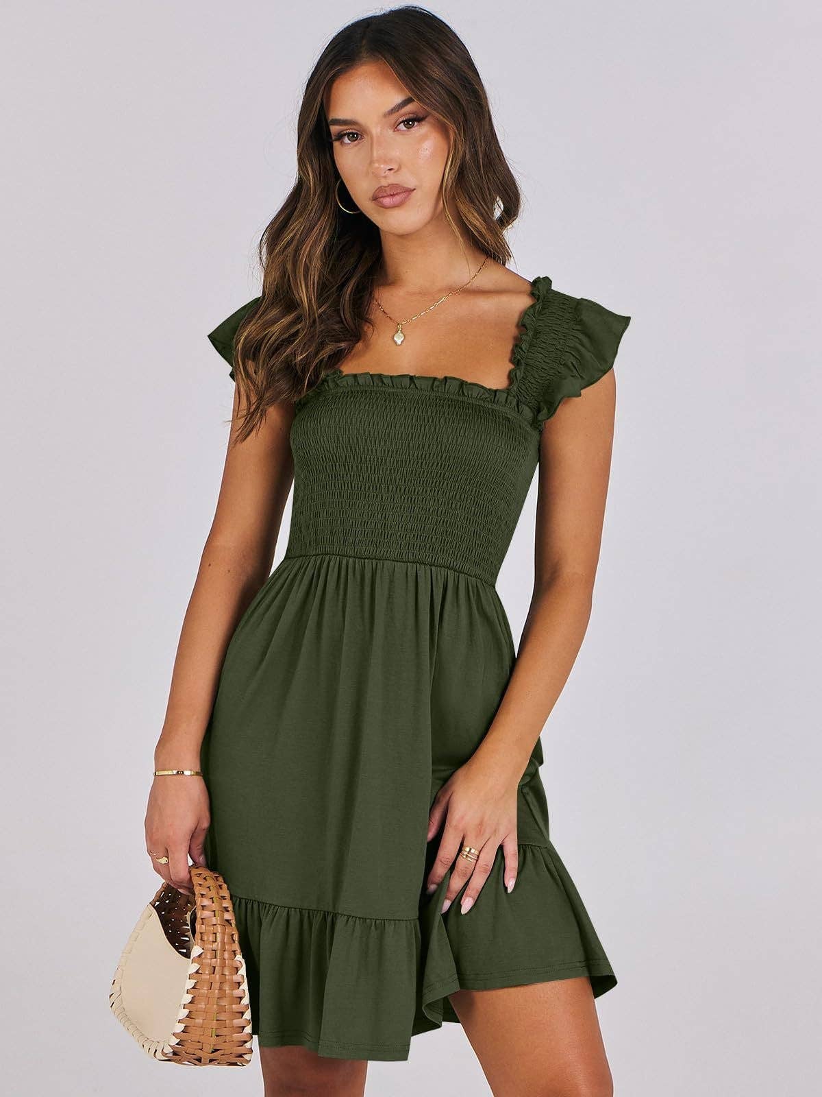 Women’s Smocked Square Neck Ruffle Sleeve Mini Dress Casual Summer Flowy A Line Dress