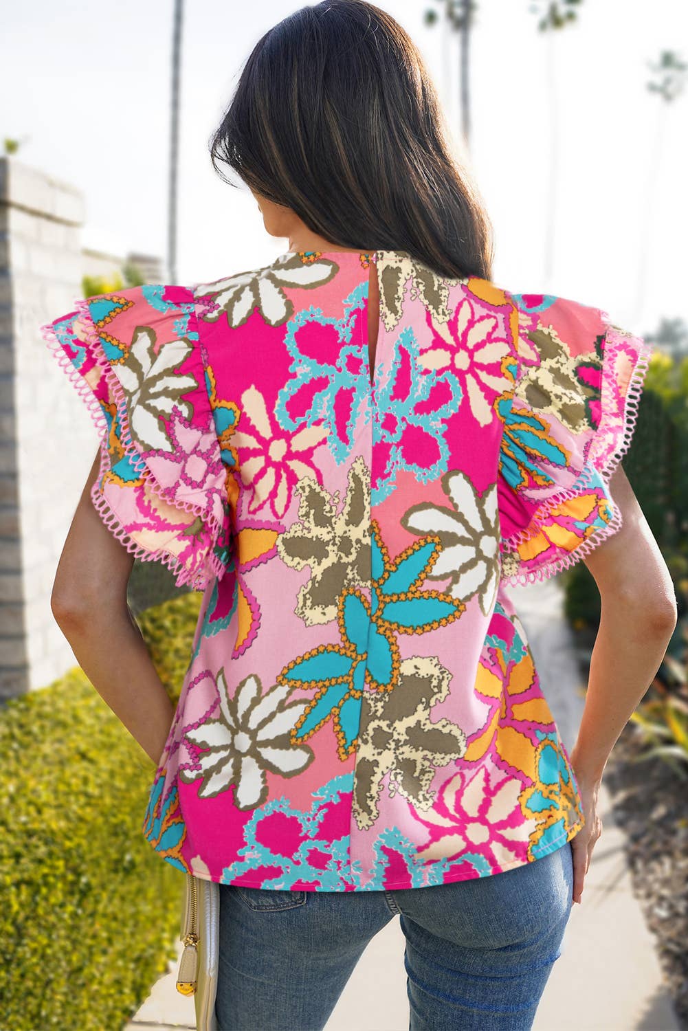 Vibrant Floral Print Trimmed Ruffle Sleeve Blouse