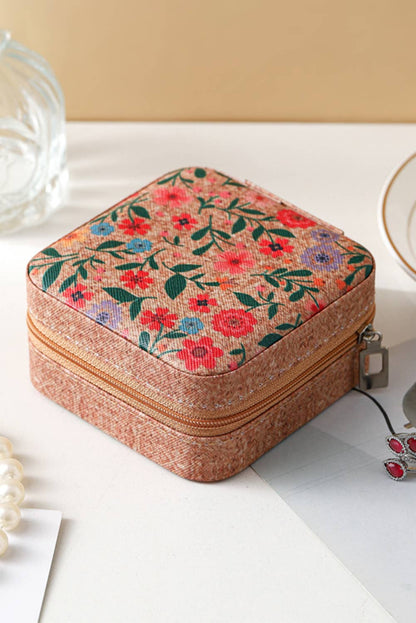 Retro Floral Print Portable Square Jewelry Box: Camel