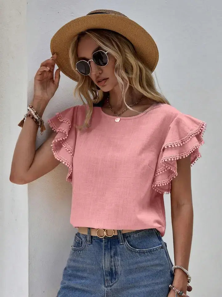 Round Neck Ruffle Sleeve Pom Pom Trim Casual Blouse Top