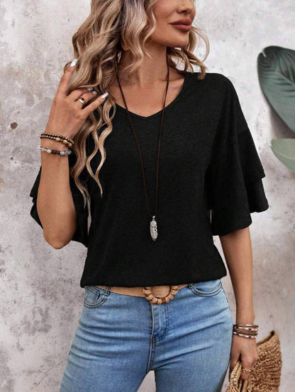 Women's V-Neck Flutter Sleeve Top – Casual Summer T-Shirt