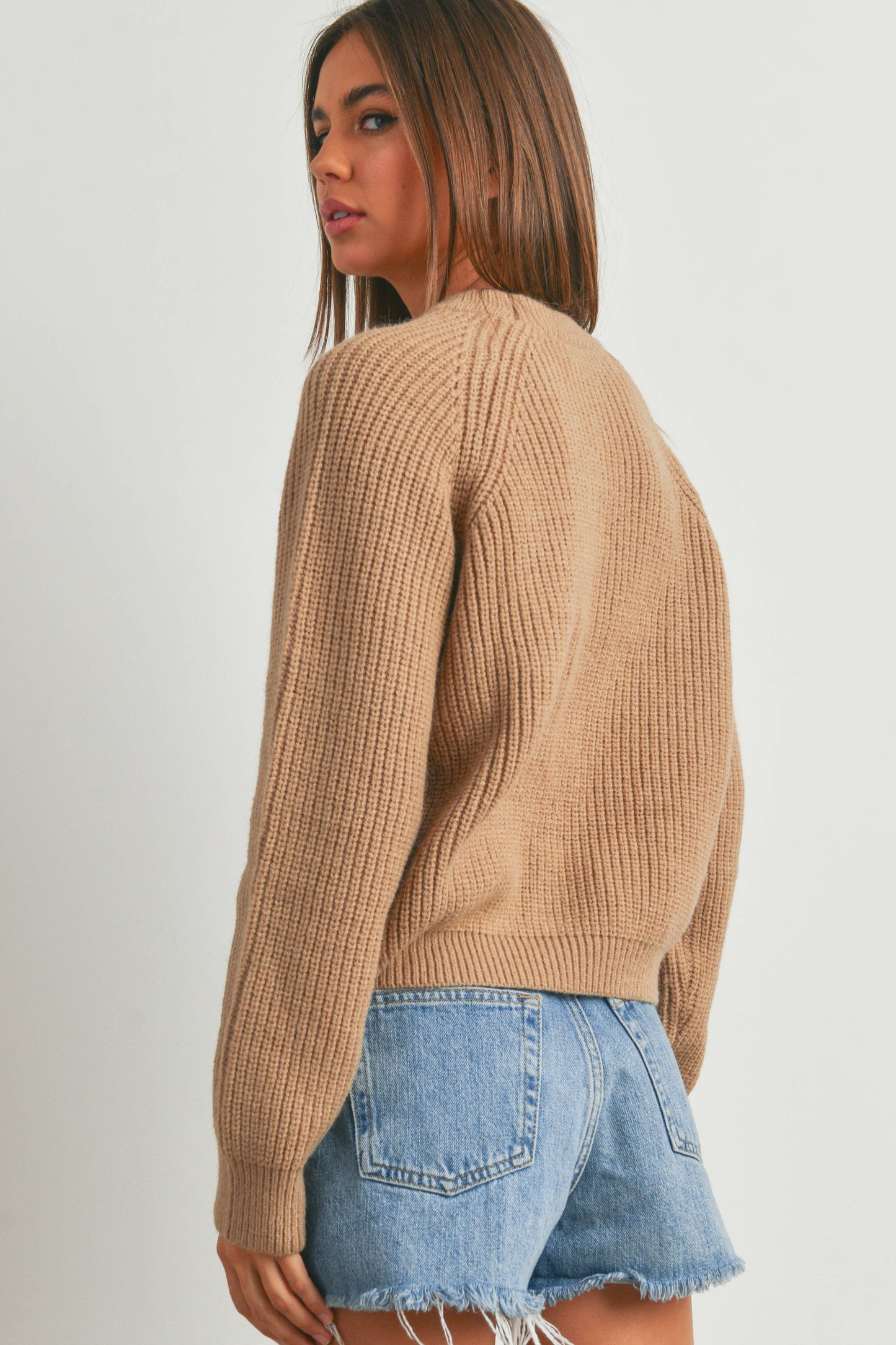 ROUND NECK WITH RAGLAN LONG-SLEEVE SWEATER - TAUPE