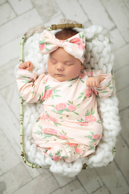 Adorable Sweetness - Infant Girls Pinky Pink Rose Baby Gown and Bow Headband
