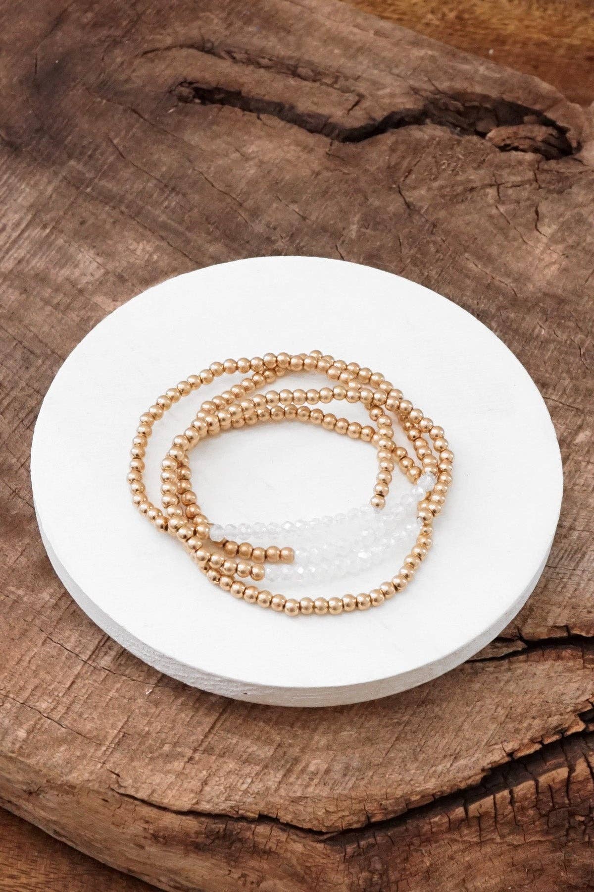 Bracelet stack Small Worn Gold Glass beads Pink Mint Denim