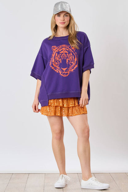 Tiger Head Sequin Purple and Orange Top