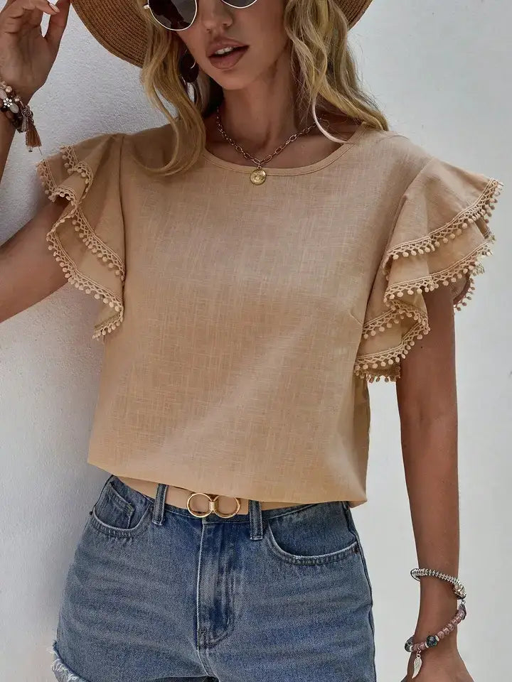 Round Neck Ruffle Sleeve Pom Pom Trim Casual Blouse Top