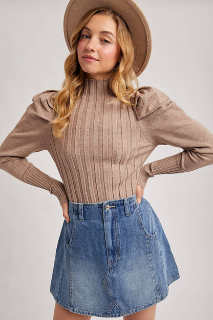 MOCK NECK PUFF SLEEVED KNIT TOP