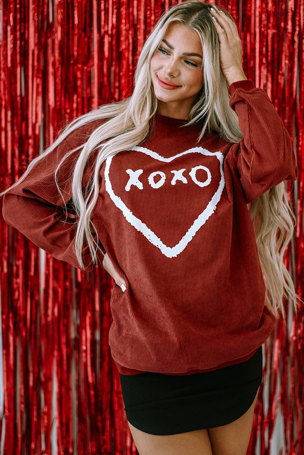 Red XOXO Heart Shape Corded Sweatshirt