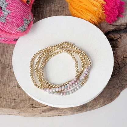 Bracelet stack Small Worn Gold Glass beads Pink Mint Denim