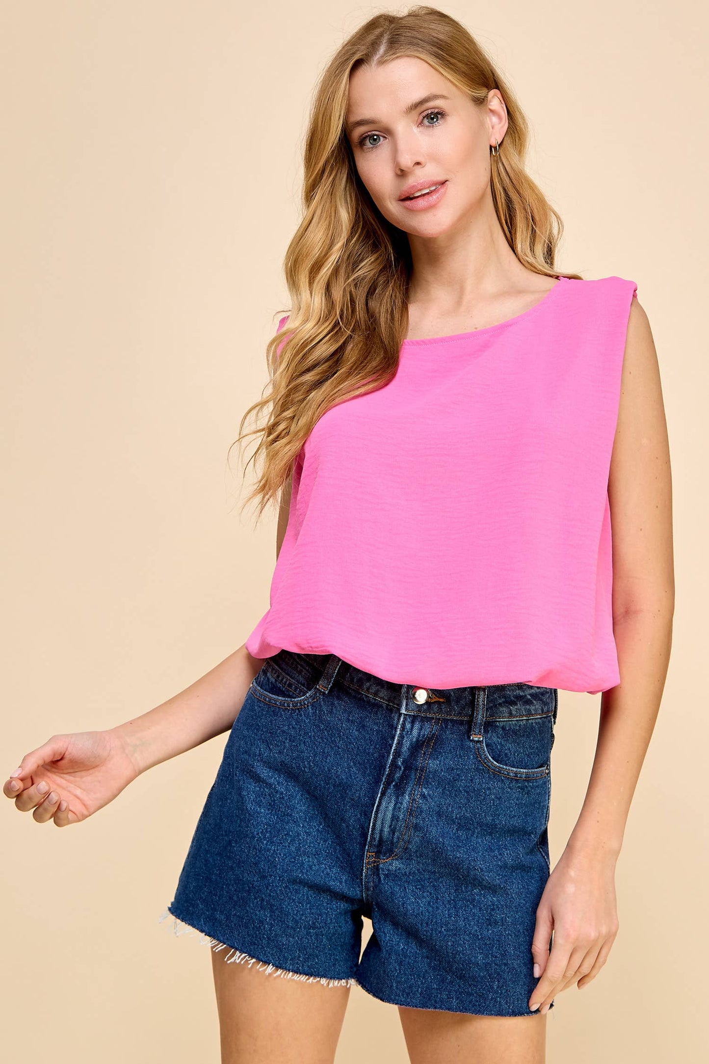 Mariah Sleeveless Solid Top with Elastic Waist Detail in Bubble Gum