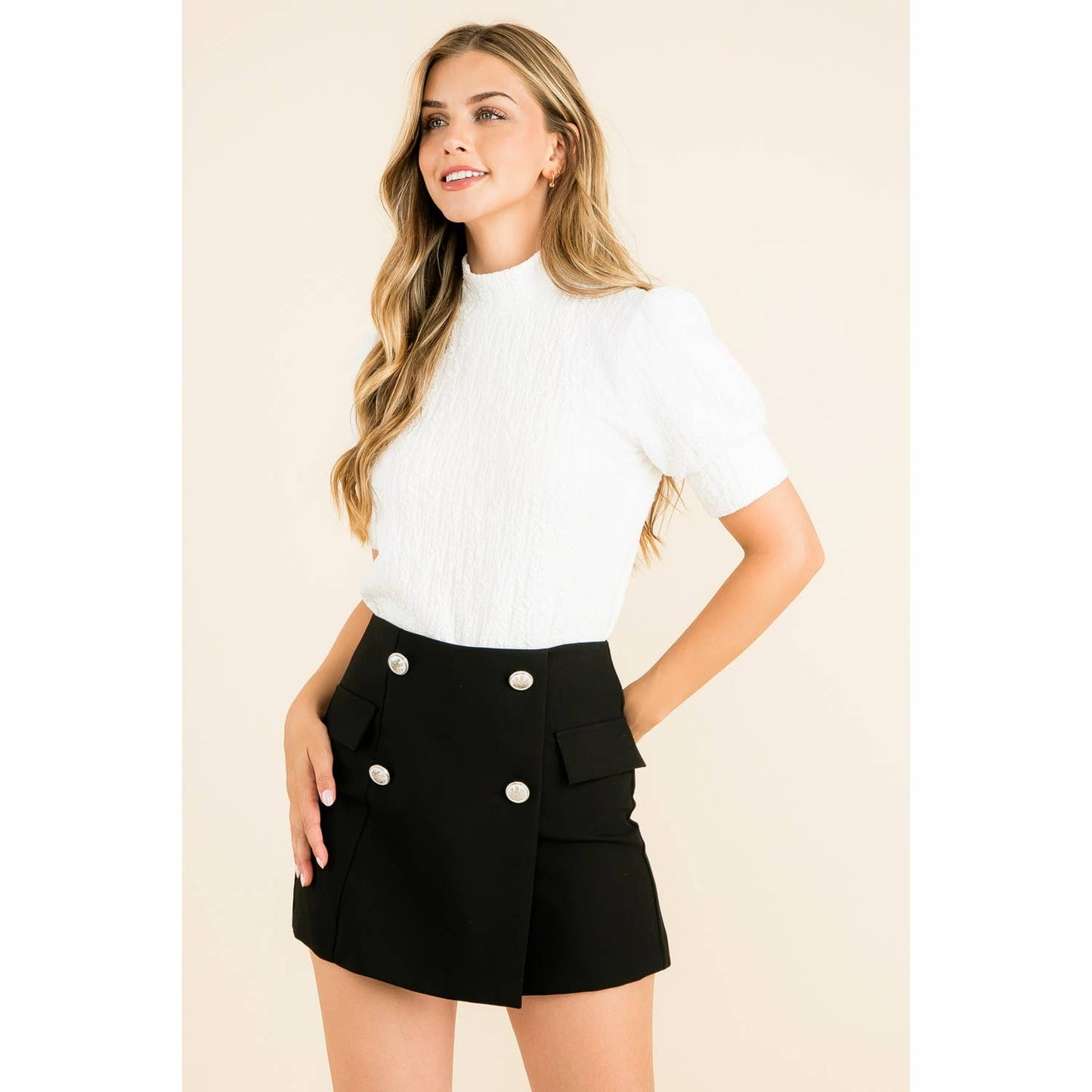 THML - Textured Mock Neck Top: WHITE