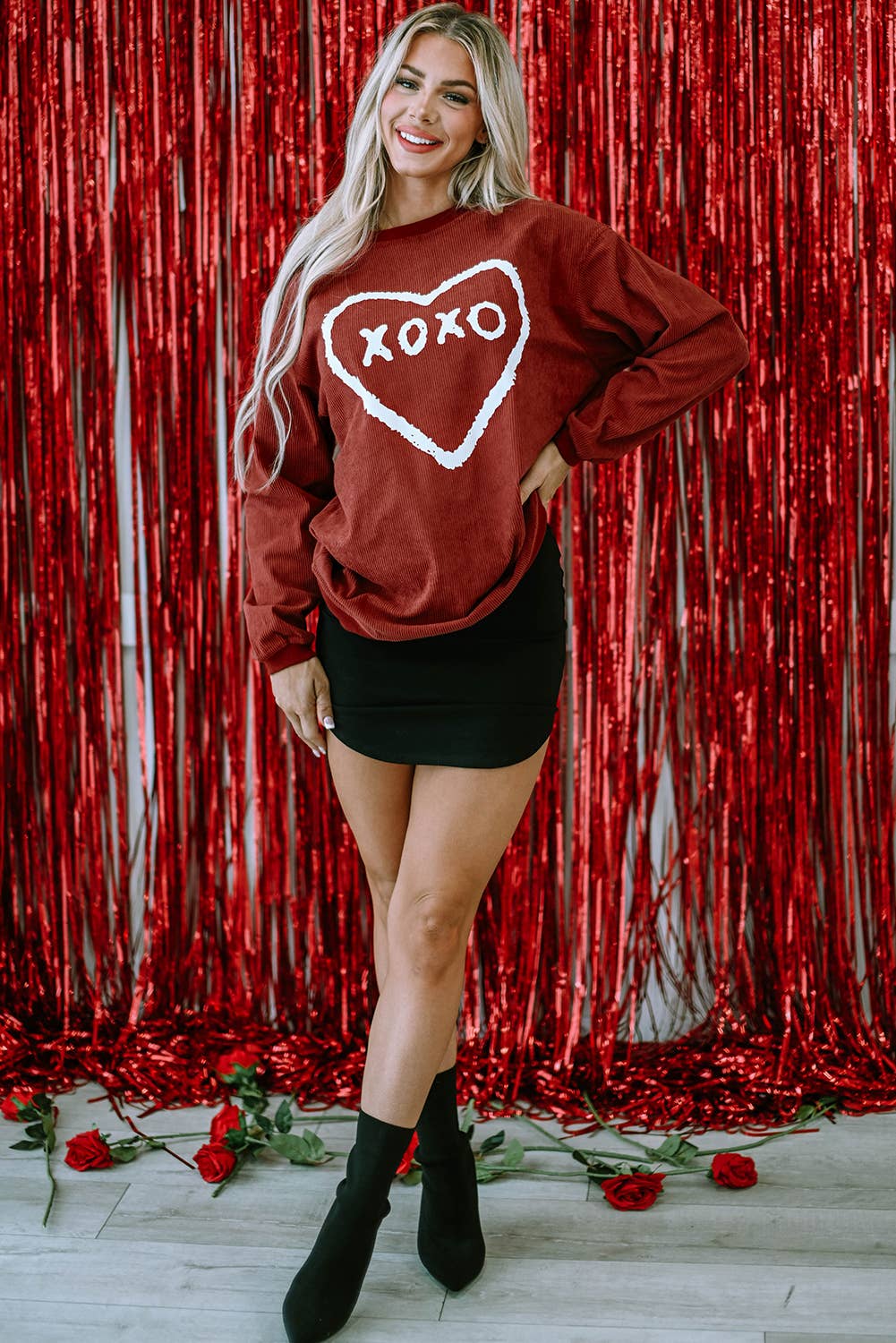 Red XOXO Heart Shape Corded Sweatshirt