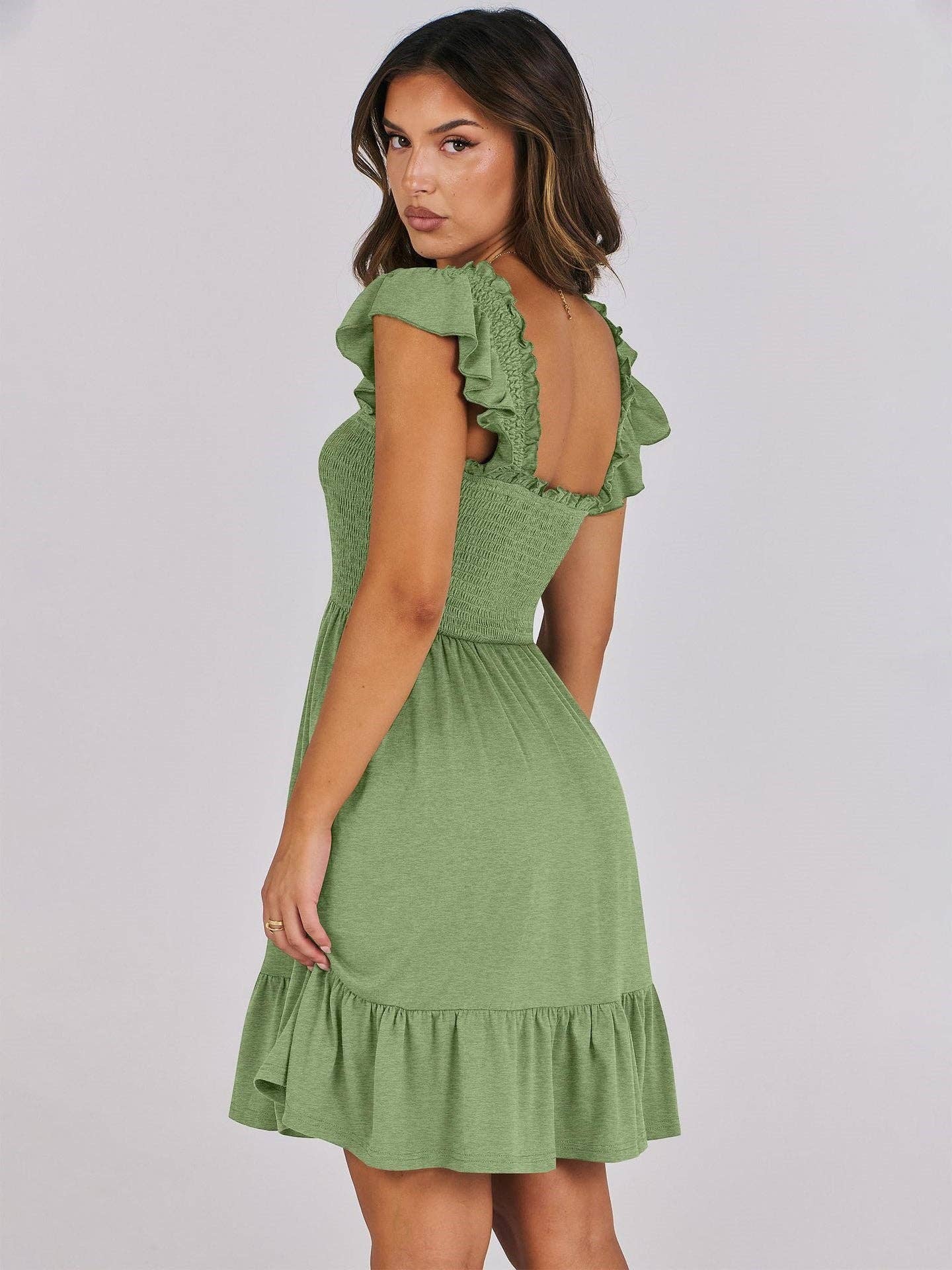 Women’s Smocked Square Neck Ruffle Sleeve Mini Dress Casual Summer Flowy A Line Dress