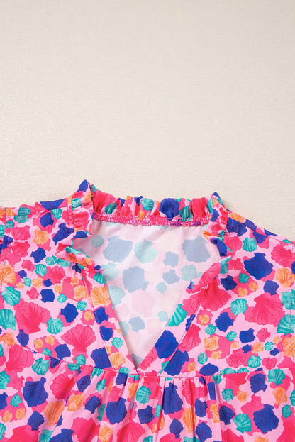 Abstract Print Ruffled Sleeve V Neck Blouse