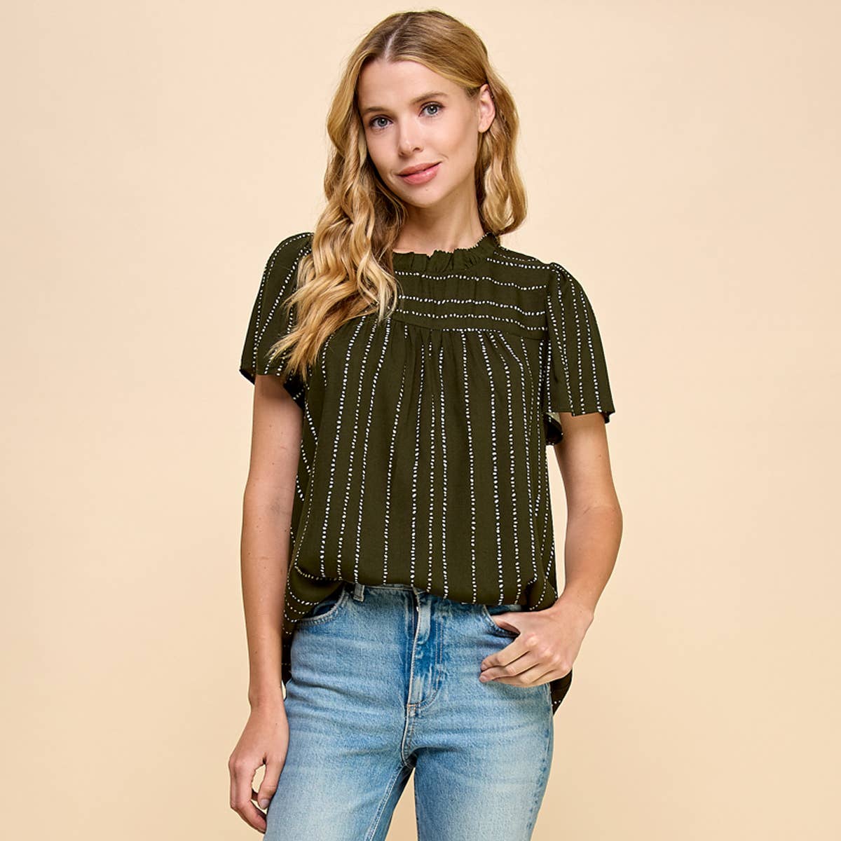 The Interview Flutter Sleeve Ruched Neck Printed Top in Stone