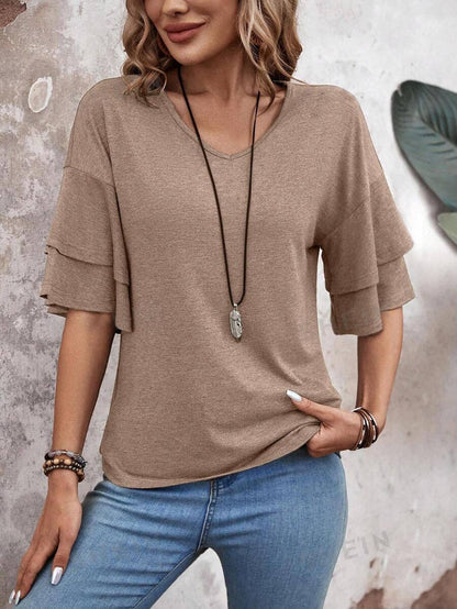 Women's V-Neck Flutter Sleeve Top – Casual Summer T-Shirt