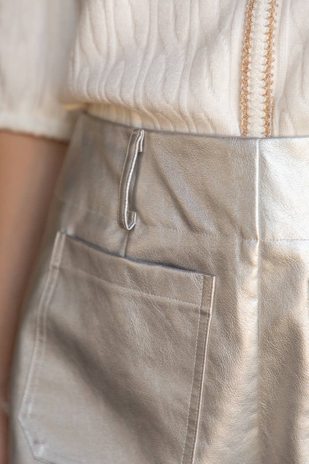 Front Pocket Metallic Silver PU Short: Silver