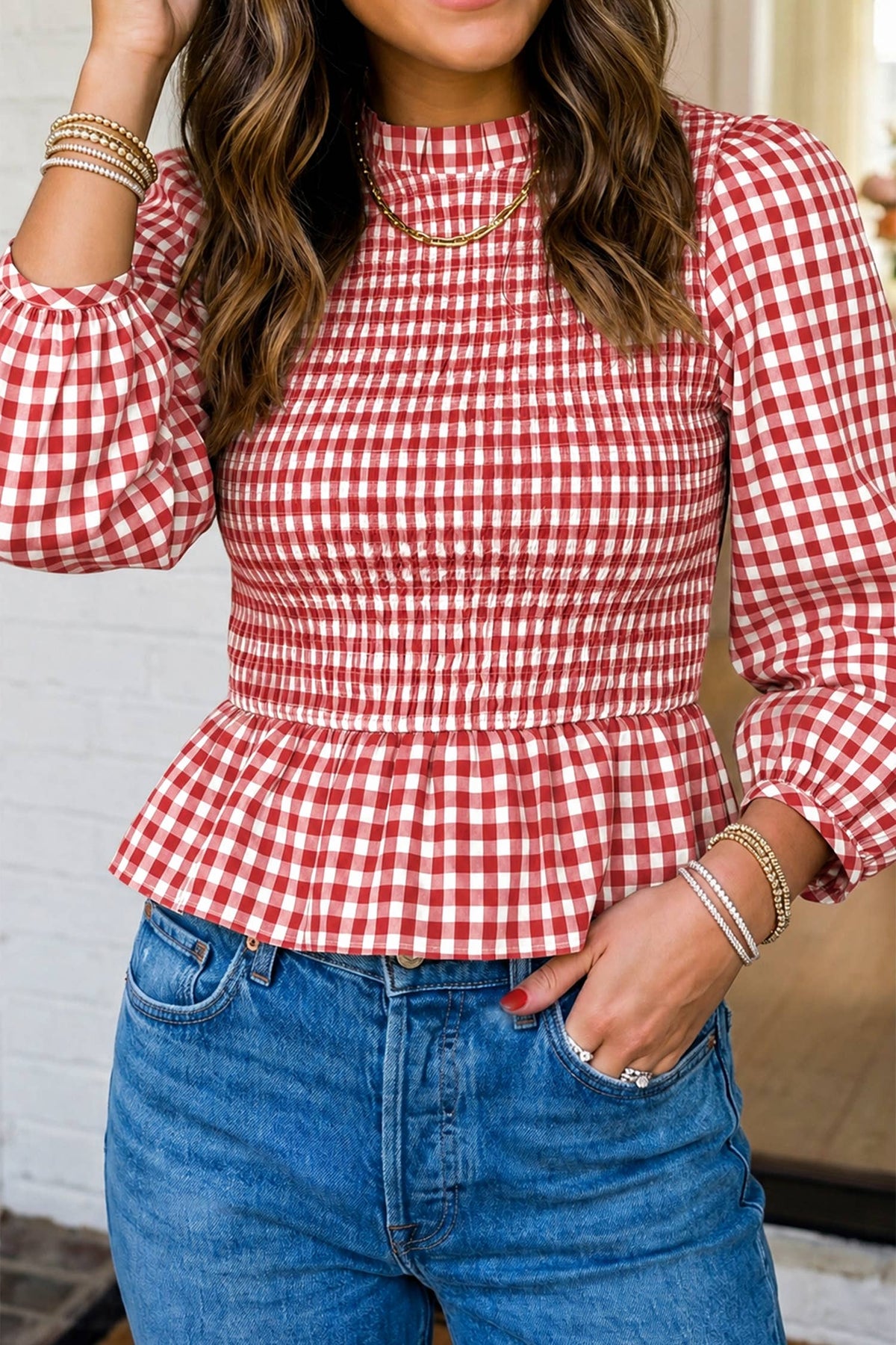 LAS Plaid Smocked Bubble Sleeve Casual Blouse (S-XL)