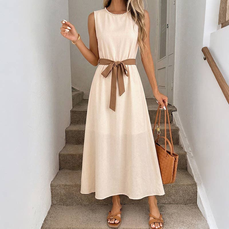 Sleeveless Bow Belt Midi Dress Elegant A-Line Summer Dress