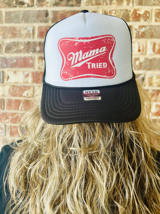 Southern Attitude Designs Inc - Mama Tried DTF Printed Black & White Trucker Hat