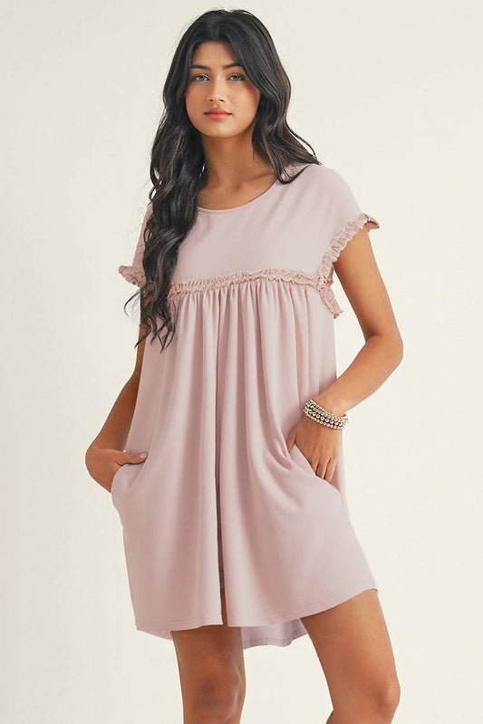 Frilled Trim Crew Neck Loose Fit Mini Dress: Oatmeal