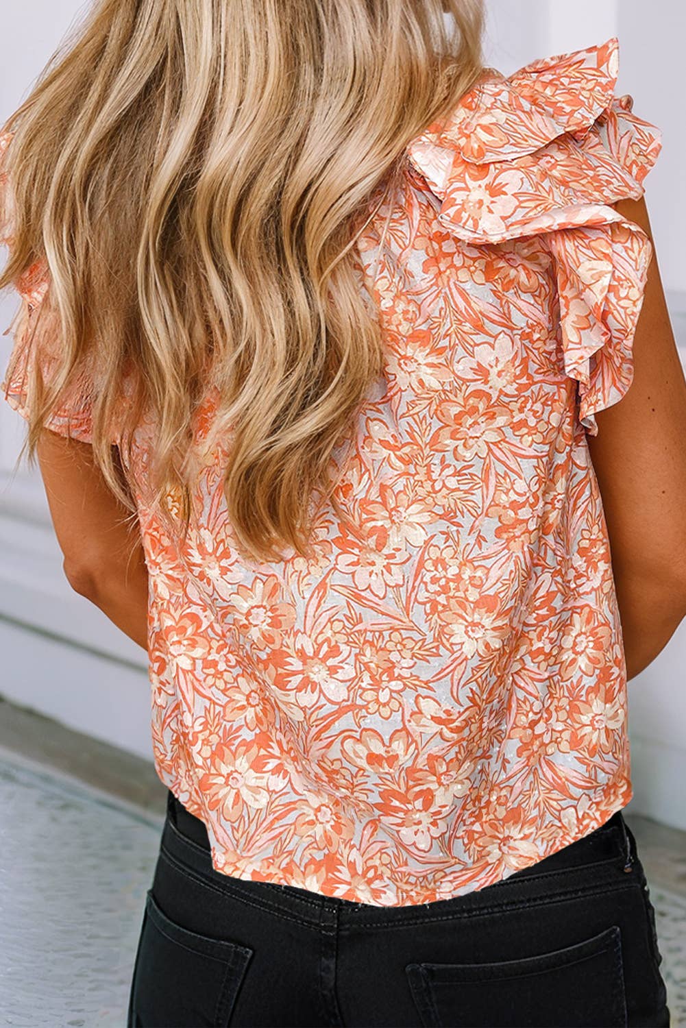 Floral Ruffle Sleeve Split Neck Blouse: Orange