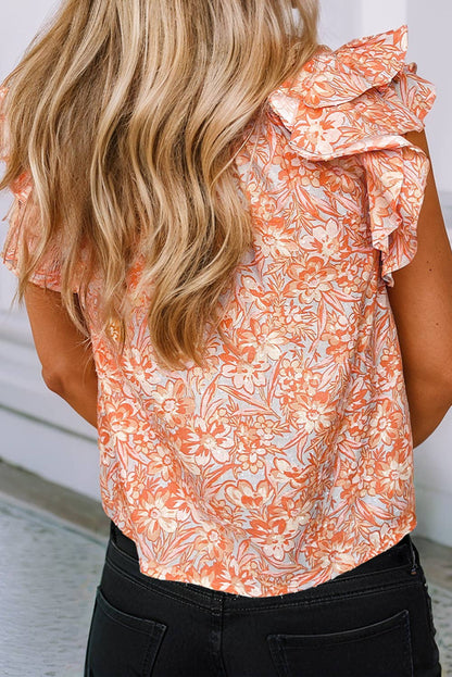 Floral Ruffle Sleeve Split Neck Blouse: Orange