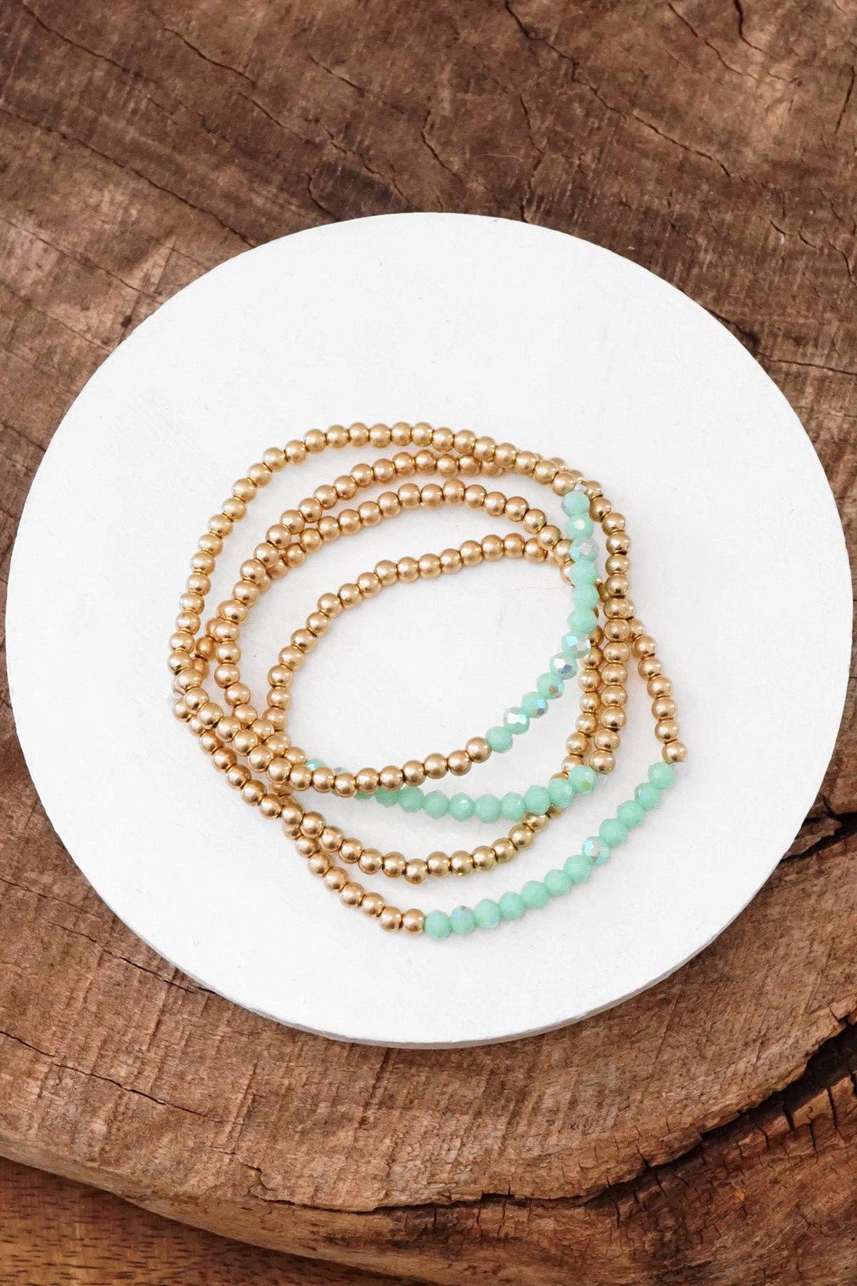 Bracelet stack Small Worn Gold Glass beads Pink Mint Denim