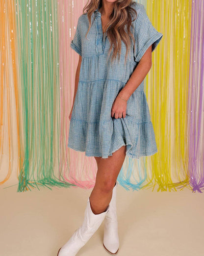 Gauze Mineral Wash Tiered Dress: Beau Blue