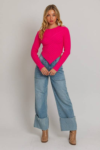 Lex Fuchsia Asymmetrical Hem Sweater
