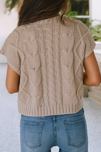 Berkley Cable Knit Colorblock Satin Bowknot Short Sleeve Sweater: Simply Taupe