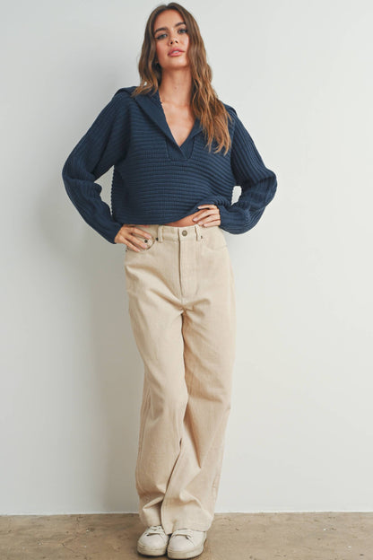 DRAMA COLLAR V NECK SWEATER - NAVY