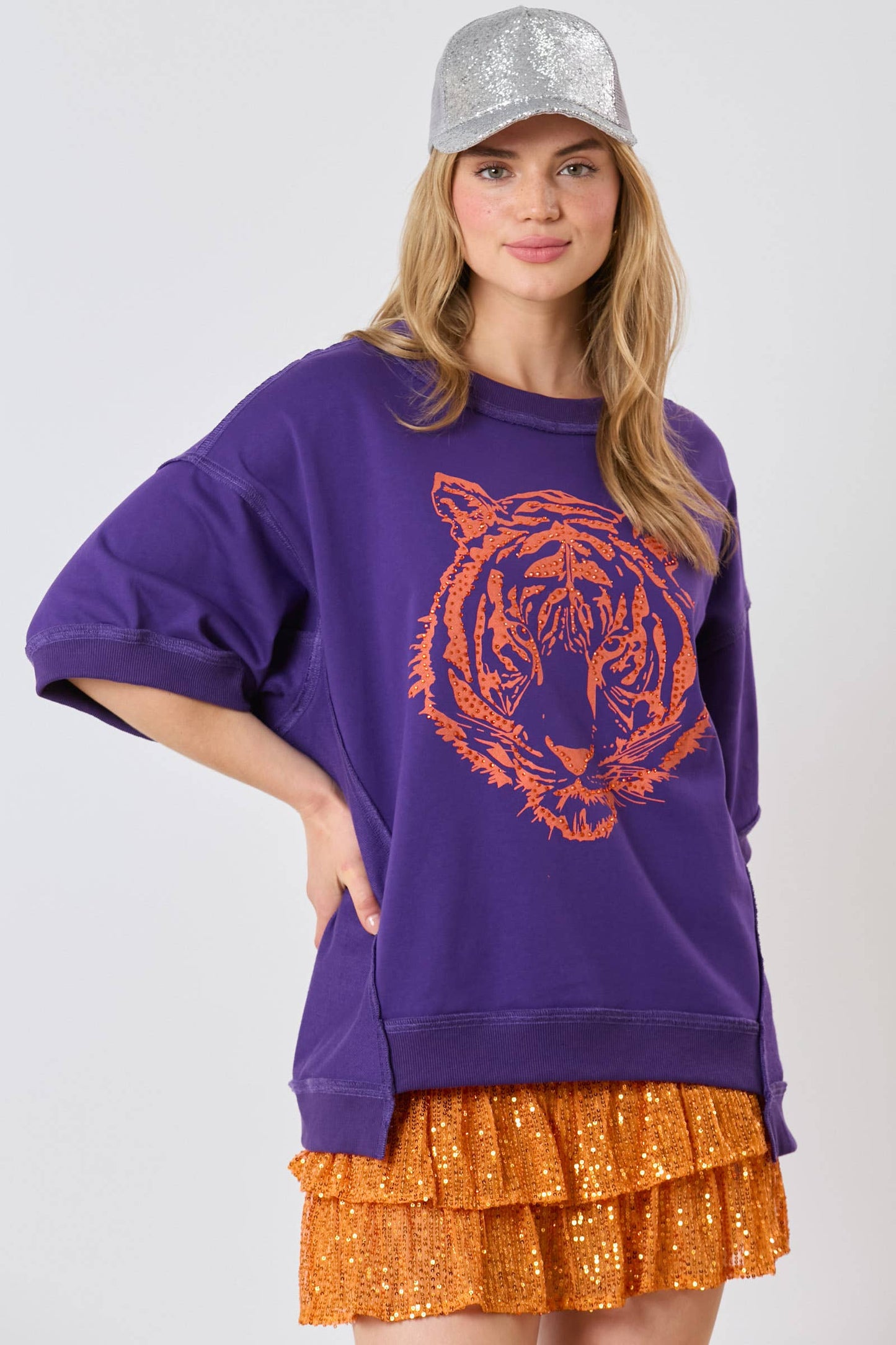 Tiger Head Sequin Purple and Orange Top